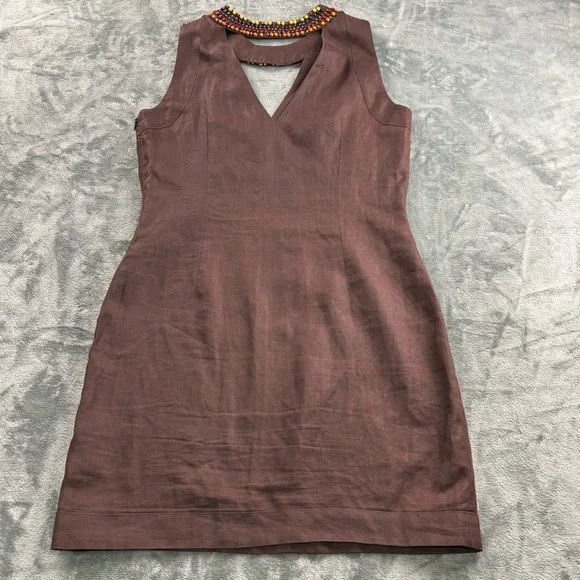 VTG Max Mara Sportmax Linen Dress Women M Beaded Neck Italy Resort Luxury Brown - Picture 13 of 14